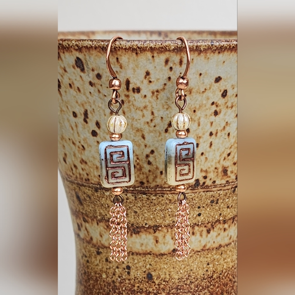 #24 Blue, Cream‎ & Copper Dangle Leverback Style Earrings - Handmade